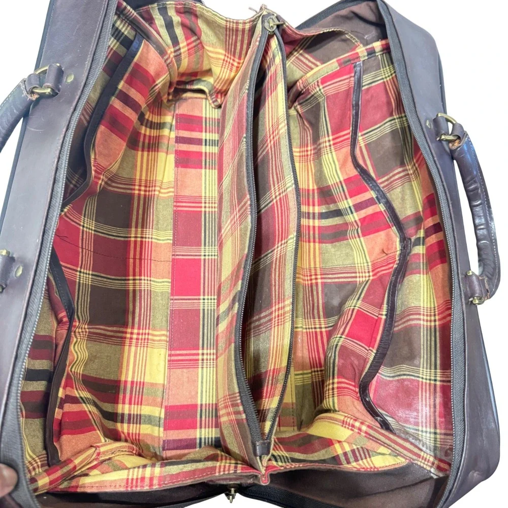 Hartmann‎ Vintage Suitcase Duffle Brown Luxe Collection Leather Canvas Plaid